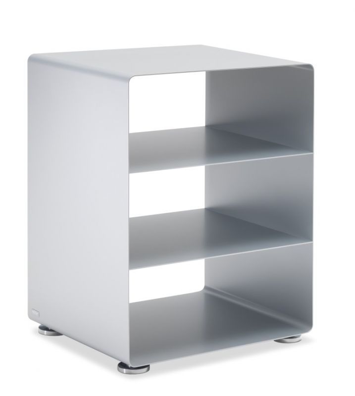 Silbernes R 600N Hifi-Rack von Müller Möbelfabrikation mit drei Regalböden und Füßen.